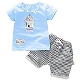 ハイキングフライ(Hikfly)ベビー服男の子女の子 赤ちゃん柔らかい綿ツーピース半袖 Tシャツ＆ショートパンツ セット (家) (L /18-24ヶ月, 青)