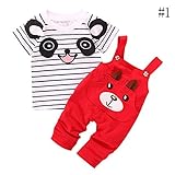 Nice Days（ナイス　ディズ）　 ベビー服 セットアップ サロペット オーバーオール Tシャツ セット 可愛い パンダちゃん ストライプ柄 春夏 出産お祝い プレゼント (100, 赤)