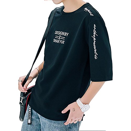 Oolivupf Tシャツ メンズ 半袖 五分丈 七分袖 高品質 吸汗速乾 軽い 柔らかい 英字 無地 おしゃれ カジュアルな服装 Black851m ウェア シューズ