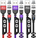 (株)アトラス マグネット充電ケーブル 1m x 3本 セット (赤 黒 紫 各一色) 2.4A 急速充電/マグネット端子 ：MicroUSB, Type-C/端子ケース付き/アンドロイド スマートフォン用