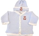 ニットかぎ針編みFinishedブルーコットンホワイトChenilleトリムカーディガン帽子