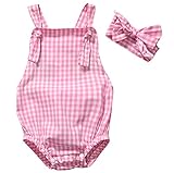 Happyハッピー耳　ベビー　女の子　ロンパース　バックレス　格子縞　ガーター　ティアラ付き　夏　ノースリーブ　シンプル　ピンク　70　80　90　100　 (80)