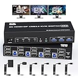 8K@60Hz 4K@144Hz 2 DisplayPort+1 HDMI KVM切替器3モニター4PC、USB 3.0トリプルモニター 切替器3モニタと3 USB 3.0ポートとオーディオマイク、キーボードとマウスを共有する4台のコンピュータ用切替器