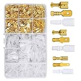 平型端子セット 135個セット ギボシ端子セット 配線端子 接続端子 錫メッキ銅端子 二股 ギボシ端子 ダブル 平型端子 配線接続 連鎖形 差込 汎用 防水 自動車 バイク 修理 加工 コネクター 収納ケース付き (金色)