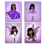 African American Girls Wall Art Decor Purple Kids Posters Set of 4 Unframed Prints Children's Room D