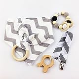 木育　歯固めおもちゃ　シリコン　ブレスレット　赤ちゃんのよだれ吸収 スタイ バンダナ ビブ セット　ママ授乳ジュエリー[BPAフリー][FDA認可済]木製 安全 無味　グレー　4枚セット