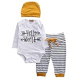 レター　プリント　ストライブ　子供用　新生児　ベビー服 長袖 矢印　パタン　カパーオール 上着＆ロングパンツ　二点セット 綿　おしゃれ カジュアル　帽子付き (70(0－3月), ホワイト＋イエロー)