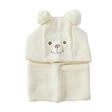 LeafIn 綿100%ニット帽 ネックウォーマー 子供用 クマちゃんキッズハット ボンボンつき(S（頭周り：46-50cm）, ベージュ)