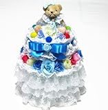 白いレースやお花をデコレーションした2段のおむつケーキ/ボックスタイプ (ブルー)