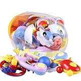Sproutoy Baby Rattle Teether and Toy Set 7 Fun and Colorful Toys with Pig Storage Pot Fancy Toy (col