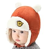 EOZY 冬 子供 ベレー帽子 ニット帽 雷鋒帽 耳あて 可愛い お洒落 お出かけ クマ型 ハット あご紐 赤ちゃん 幼児 あったか 防寒 防風 オレンジ