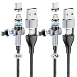 6in1磁気マグネット充電ケーブル USB-A/C両用線+3種類端子 3A急速充電 QC高速充電データ転送USBケーブル 7ピン端子 7pin L字兼用 540度回転 磁石 防塵 着脱式 ライトニング Type-C Miro-USB チャージ 充電器 充電ケーブル 片手操作 HIAC57 Cosmic3C(２本セット 1m+2m)