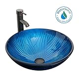 Eway 16.5インチのモダンなバスルーム容器シンク蛇口ブロンズ1.5 GPM Pop Up Drainコンボブルー強化ガラスボウル水供給ホースマウントリングe11