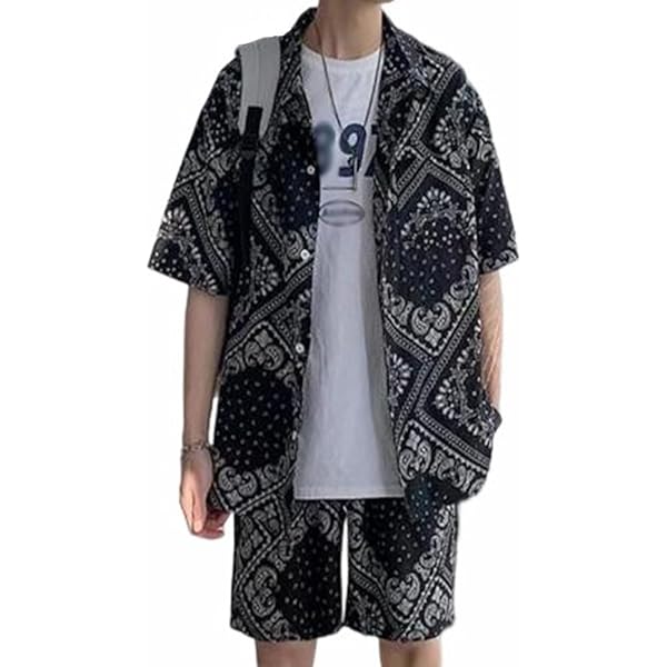 Amazon.co.jp: ペイズリー柄 セットアップ メンズ 半袖 シャツ  