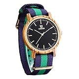 (Wooden Watch)ウッドウォッチ 2016新しい木製腕時計 ダブルストライプ ナイロンバンド アナログ表示　天然木 手作り 人気プレゼント 生活防水機能 専用ボックス 環境に優しい ファッシ