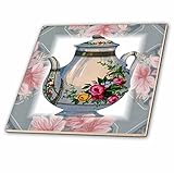 3dRose ct_37380_1 Victorian Flower Teapot on Blue Pink Floral Background Ceramic Tile, 4-Inch [並行輸入品