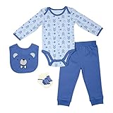 Baby Gear 4pc Luxe新生児長袖ボディスーツ、パンツ、よだれかけ&靴下セット カラー: ブルー