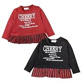 (レッド/95cm)子供服 女の子 Tシャツ 長袖 ロゴプリント ストライプ 裾フリル 女児 ベビー