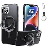 iPhone 12 / 12 Pro 用 ケース Magsafe対応【360°回転可能な Magsafeリングスタンド ホルダー 一体型・ストラップ1種付き】アイフォン12カバースタンド機能 縦横両対応 HILEGENER スマホケース 耐衝撃 カメラレンズ保護 半透明 マット感 マグネット搭載 隠しスタンド ケース ストラップホール付き あいほん12/12 Pro-ブラック