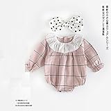 SARIA 春最新発売　可愛い女の子用　キクラゲ首襟　チェック柄　長袖ロンパース 新生児 服　肌着 柔らかいカバーオール　子供　キッズ　 (90＃, ピンク)