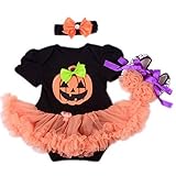 Gmasking 子供ドレス 女の子ワンピース リボン飾り付き 一歳プレゼント カボチャ図案 ハロウィンデザイン (S(0-3Months), セット3)
