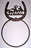 ABC」製品「 – Heavy Cast Iron – Horse Shoeタオルリング – すべての新しいデザイン – カウボーイLassoing A Steer – (古い素朴な仕上げ – アクセ