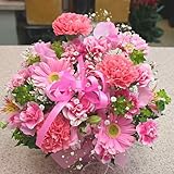 季節のピンク系の花とかすみ草のフラワーアレンジメント お誕生日・お祝いギフトに【商品画像配信付】