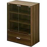 ぼん家具 キャビネット 木製 引き出し 扉付き 幅59cm 収納棚 3段 可動棚 コレクションケース 収納 ガラス扉 ウォールナット