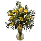 Nearly Natural Home Indoor Decorative Tabletop Calla Lily & Palm Combo Yellow