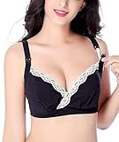 (ココアンドユカ) COCO&YUKA 産前 産後 授乳ブラ マタニティ ブラジャー ノンワイヤー クロス オープン ホック 取り外し 2way タイプ 下着 レース ストレッチ (M, ブラック)