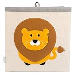 Grey Bee Animal Theme Collapsible Canvas Storage Cube Bin Hamper Box for Kids Beige- Lion | 13 x 13 