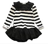 （ AngelKids ） 裾フリル ボーダー ミニ ワンピース 長袖 スウェット カットソー キッズ ジュニア サイズ お出かけ (100㎝, ブラック)