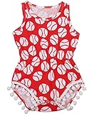 Happyハッピー耳　ロンパース　新生児　女の子　夏　ノースリーブ　野球　プリント　赤　ポンポン　可愛い　70　80　90　100 (80)