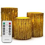 プレミアムフレイムレスキャンドルby Vinkor – LEDライトピラーワックスキャンドル – ゴールドBark効果Holidayデザイン – Ideal For Ambient & Romanti