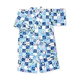 (サックス/90cm) ベビー服 男の子 甚平 綿100％ 格子 トンボ柄 ポケット付 上下組セット 男児 ベビー