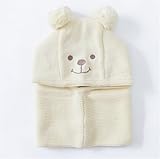 MORGEN SKY 綿100%ニット帽 ネックウォーマー 子供用 クマちゃんキッズハット ボンボンつき 型番1609H (M（頭周り：50-54cm）, ベージュ)
