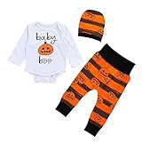 Karchi　ハロウィーン衣装 新生児 赤ちゃん 長袖 新生児幼児 ベビーガールボーイパンプキンロンパートップ+パンツ+帽子 ハロウィン服セット (70, 白＋カボチャ)