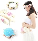 美々しく飾る マタニティフォト撮影用小物３点セット（サッシュリボンベルト、花冠、ベビー ヘアバンド）綺麗に保管できるIN.ESTILO®収納ケース (ピンク)