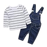 Domybest 可愛いオーバーオール キッズ 女の子 ストライプシャツ Tシャツ+サスペンダー ジーンズパンツ セット デニム オーバーオール長袖 (70)