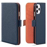 MAGICASE for iPhone12ケース手帳型 いphone12 ケース 手帳型 おしゃれ iPhone12Pro ケース 手帳型 かわいい スマホケースiphone12 シンプル アイフォン12/12PRO カバー 手帳型 マグネット式 衝撃吸収 全面保護 軽量 高級PUレザー カード収納 スタンド機能 防塵 擦り傷防止 女性 人気 6.1インチ（ダークブルー メ オレンジ）