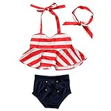 ベビー女の子ビキニ3個セットストライプホルターネックブラトップ+ボトム+ヘッドバンド水着 カラー: レッド