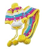 Plus Nao(プラスナオ) 子供用 ニット帽＆マフラー 2点セット セットアップ 耳あて付き うさぎ付き ボンボン付き ボーダー バイカラー ベビー キッズ 女の子 男の子 冬帽子 - パープル