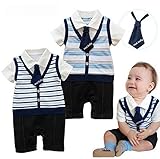 BAOHULU ベビー服　ロンパース 男の子用　 ベビー肌着　ストライプ　セレモニー　ネクタイ付き　お出かけ着　百日祝い　写真撮影