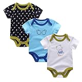 カバーオール 新生児から ロンパース 赤ちゃん 綿100 半袖 Baby ボディースーツ 3枚セット ベビー服 (3-6月, クマと眼鏡)