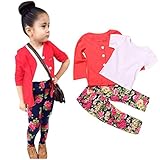 かわいいベビーセット服malltopファッションガールズコート+ショートホワイトTシャツ+ローズパターンパンツ カラー: レッド