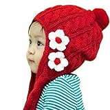 Plus Nao(プラスナオ) 子供用 帽子 ニット帽 耳あて付き帽子 ボンボン＆コサージュ付き ケーブル編み 手編み風 ニットキャップ 赤ちゃん ベビー キッズ シンプル 無地 冬帽子 - レッド