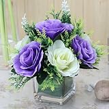 美しい 2色の バラ パープル × ホワイト ガラスポット入り インテリアフラワー