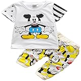 ノーブランド品　ベビー　シャツ・カットソー　ミッキー柄上下２点セット　半そでＴシャツ＋ショートパンツ　子供服　男の子　キッズ　薄地 (Ｓ, イエロー)