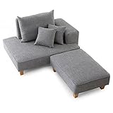 ソファ カウチソファ 2人掛け 天然木脚 レイアウト自在 オットマン付き コンパクトサイズ グレー