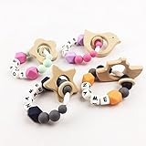 木育 歯固め 木 授乳ジュエリー 歯がため ラトル 赤ちゃんのおもちゃ チュアブル ブレスレット クラスプ シリコン レタービーズ[BPAフリー][FDA認可済]木製 安全 無味 4枚セット